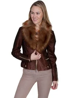 Scully Faux Fur Collar And Faux Leather Jacket-Copper