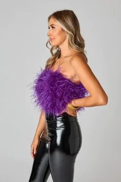 Buddy Love Fancy Strapless Feather Crop Top-Purple