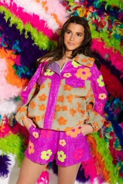 Queen Of Sparkles Neon Flower Tan Fleece