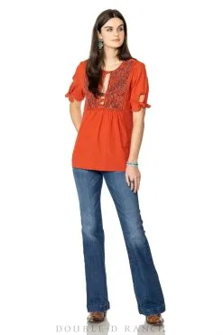 Double D Ranchwear Rose Scroll Top-Rodeo Red