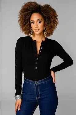 Buddy Love Ivy Button Front Bodysuit-Black