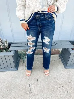 Honeysuckle Rose Boutique Crossover Denim Distressed Jeans