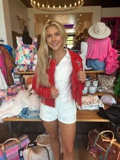 Buddy Love Rife Crystal Fringe Vegan Leather Jacket-Red