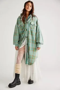 Free People Plaid Long Ruby Shacket-Sage Combo